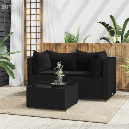 vidaXL 3 részes fekete polyrattan kerti ülőgarnitúra párnákkal