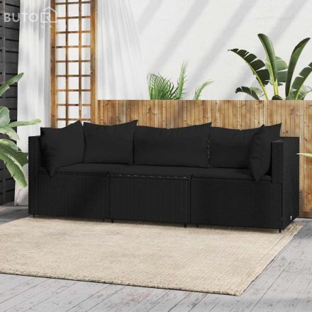 vidaXL 3 részes fekete polyrattan kerti ülőgarnitúra párnákkal
