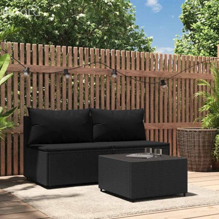vidaXL 3 részes fekete polyrattan kerti ülőgarnitúra párnákkal