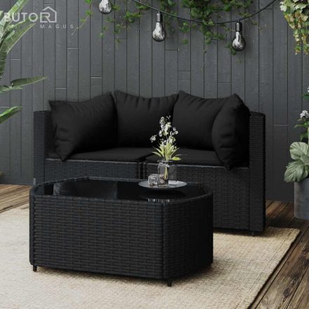 vidaXL 3 részes fekete polyrattan kerti ülőgarnitúra párnákkal
