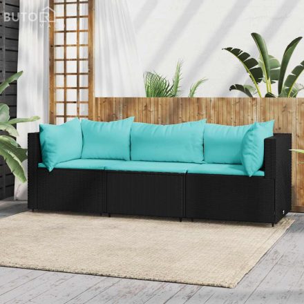vidaXL 3 részes fekete polyrattan kerti ülőgarnitúra párnákkal