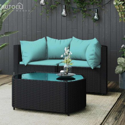 vidaXL 3 részes fekete polyrattan kerti ülőgarnitúra párnákkal