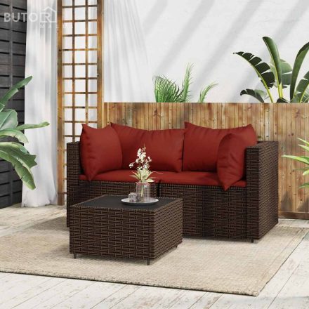 vidaXL 3 részes barna polyrattan kerti ülőgarnitúra párnával