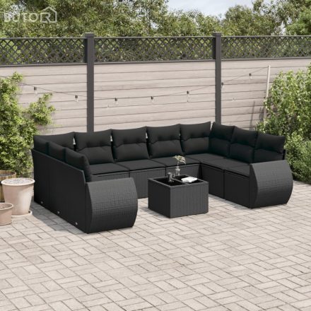 vidaXL 10 részes fekete polyrattan kerti ülőgarnitúra párnákkal