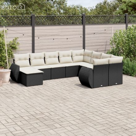 vidaXL 10 részes fekete polyrattan kerti ülőgarnitúra párnákkal