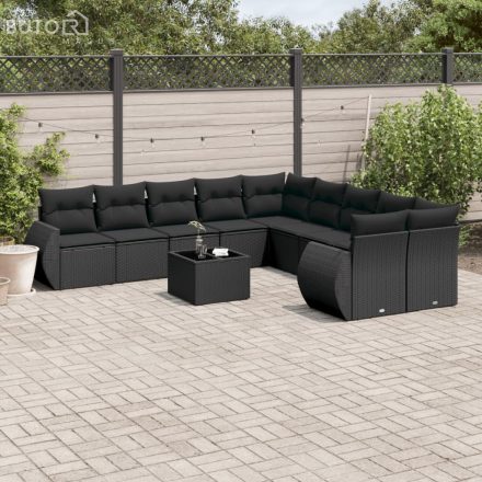 vidaXL 11 részes fekete polyrattan kerti ülőgarnitúra párnákkal