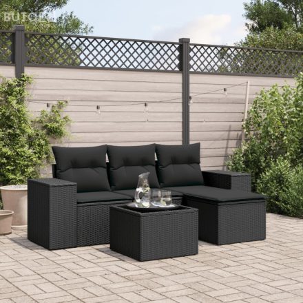 vidaXL 5 részes fekete polyrattan kerti kanapészett párnákkal