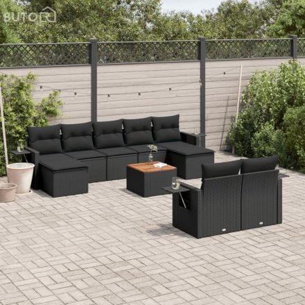 vidaXL 10 részes fekete polyrattan kerti ülőgarnitúra párnákkal