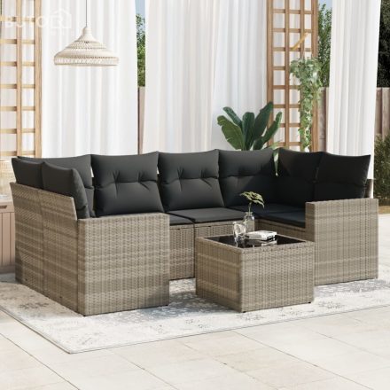 vidaXL 7 részes világosszürke polyrattan kerti ülőgarnitúra párnákkal