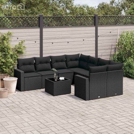 vidaXL 9 részes fekete polyrattan kerti ülőgarnitúra párnákkal