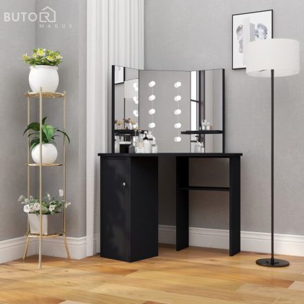 vidaXL fekete sarok fésülködőasztal LED világítással 111x54x141,5 cm