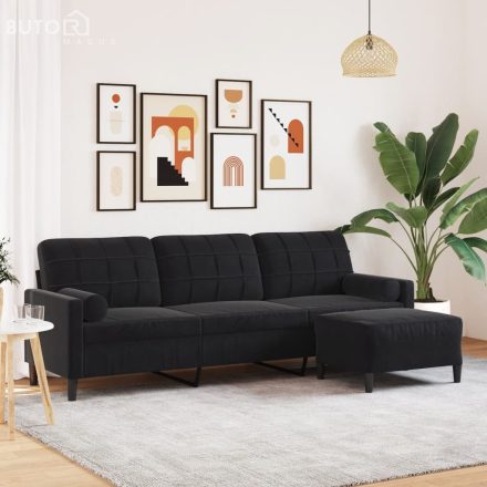 vidaXL 3 személyes fekete bársony kanapé lábtartóval 210 cm