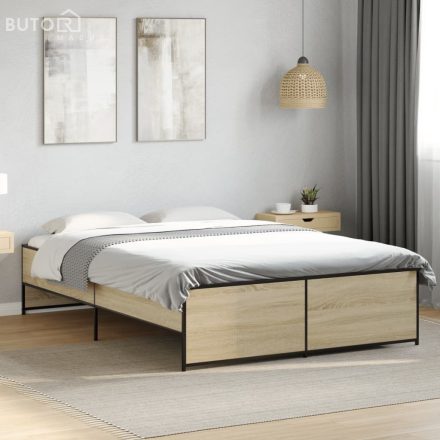 vidaXL sonoma tölgyszínű szerelt fa és fém ágykeret 135 x 190 cm
