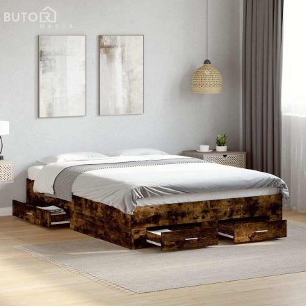 vidaXL füstös tölgy színű szerelt fa ágykeret fiókokkal 135 x 190 cm