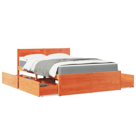 vidaXL viaszbarna tömör fenyőfa ágy fiókokkal és matraccal 120x200 cm
