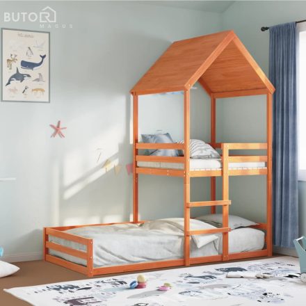 vidaXL viaszbarna tömör fenyőfa ágy emelettel és tetővel 80 x 200 cm