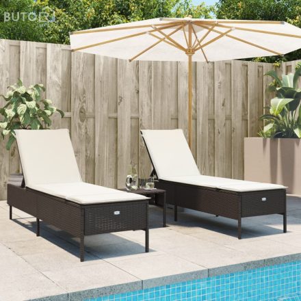 vidaXL 3 részes barna polyrattan napozóágy szett párnával