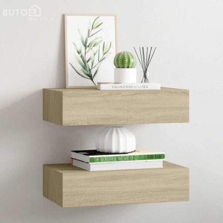 vidaXL 2 db tölgyszínű MDF falra szerelhető fiókos polc 40x23,5x10 cm