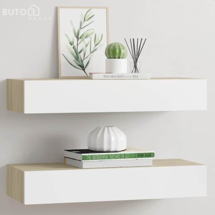 vidaXL 2 db tölgyszínű és fehér MDF fiókos fali polc 60 x 23,5 x 10 cm