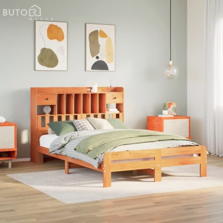 vidaXL barna tömör fenyőfa könyvespolcos ágy matrac nélkül 140 x 190cm