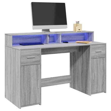 vidaXL szürke sonoma színű szerelt fa íróasztal LED-ekkel 140x55x91 cm