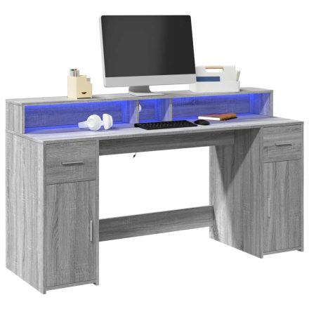 vidaXL szürke sonoma színű szerelt fa íróasztal LED-ekkel 160x55x91 cm