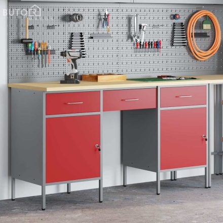 vidaXL Munkaszekrény 3 pcs Piros 150 x 55 x 85 cm Mérnöki fa és Acél