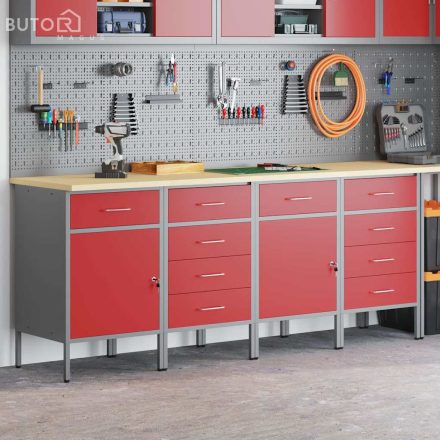 vidaXL Munkaszekrény fiókkal 4 pcs Piros és Szürke 200 x 55 x 85 cm