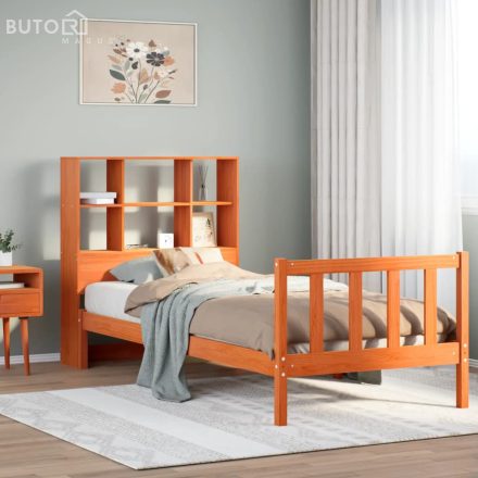 vidaXL barna tömör fenyőfa könyvespolcos ágy matrac nélkül 90 x 200 cm
