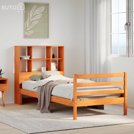 vidaXL viaszbarna tömör fa könyvespolcos ágy matrac nélkül 90 x 200 cm