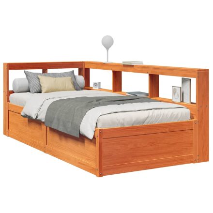 vidaXL barna tömör fenyőfa könyvespolcos ágy matrac nélkül 75 x 190 cm