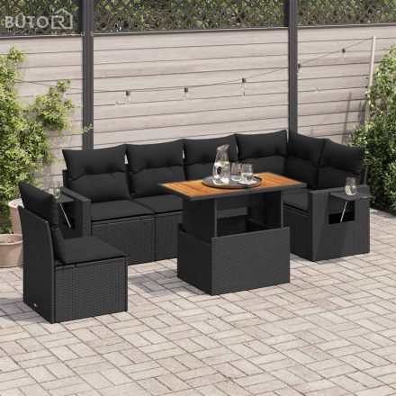 vidaXL 7 részes fekete polyrattan kerti ülőgarnitúra párnával