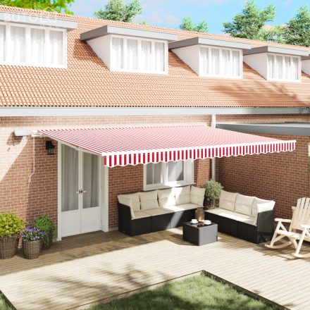 vidaXL Kézi behúzható napellenző LED piros és fehér csíkkal 500x350 cm