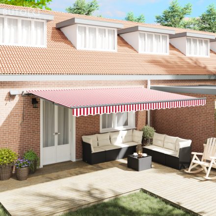 vidaXL Kézi behúzható napellenző LED világítással, piros-fehér csíkos, 500x350 cm