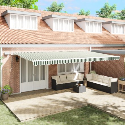 vidaXL Manuális behúzható napellenző LED-del zöld és fehér 600x350 cm