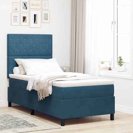 vidaXL Boxrugós ágy matracmal fejtámlával Sötétkék 90 x 190 cm Bársony