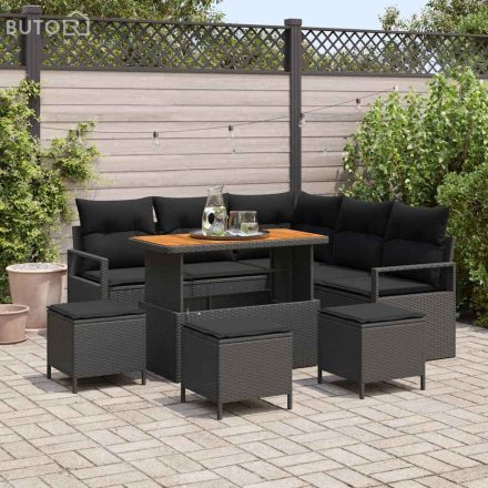 vidaXL Kerti Kanapé Szett párnával 9 pcs Fekete Poli rattan