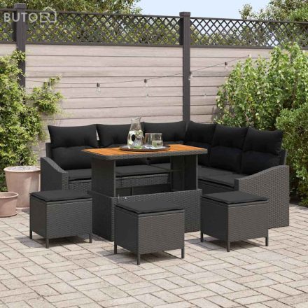 vidaXL Kerti Kanapé Szett párnával 9 pcs Fekete Poli rattan