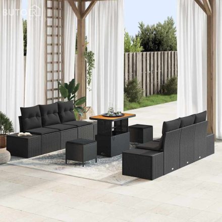 vidaXL Kerti Kanapé Szett párnával 9 pcs Fekete Poli rattan