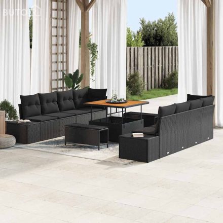 vidaXL Kerti Kanapé Szett párnával 11 pcs Fekete Poli rattan