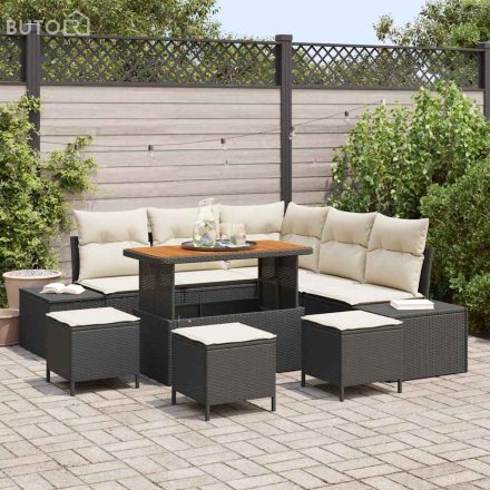 vidaXL Kerti Kanapé Szett párnával 9 pcs Fekete Poli rattan