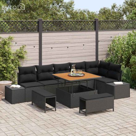 vidaXL Kerti Kanapé Szett párnával 9 pcs Fekete Poli rattan