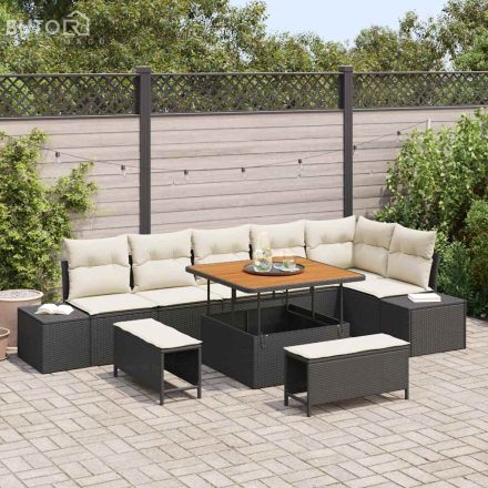 vidaXL Kerti Kanapé Szett párnával 9 pcs Fekete Poli rattan