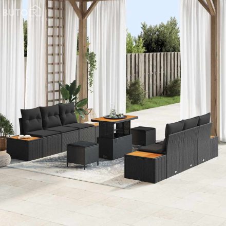 vidaXL Kerti Kanapé Szett párnával 9 pcs Fekete Poli rattan