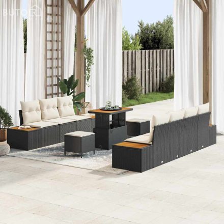 vidaXL Kerti Kanapé Szett párnával 10 pcs Fekete Poli rattan