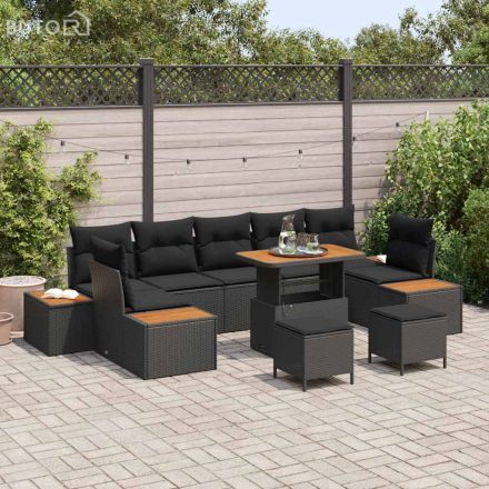 vidaXL Kerti Kanapé Szett párnával 10 pcs Fekete Poli rattan