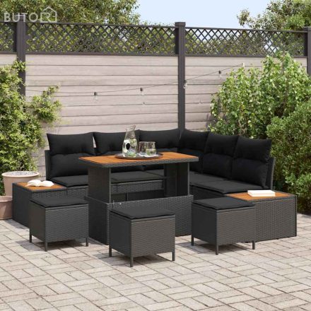 vidaXL Kerti Kanapé Szett párnával 9 pcs Fekete Poli rattan