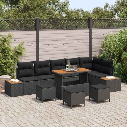 vidaXL Kerti Kanapé Szett párnával 10 pcs Fekete Poli rattan