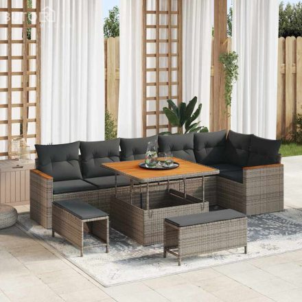 vidaXL 9 részes kertibútor szett párnákkal, szürke poly rattan, akácia