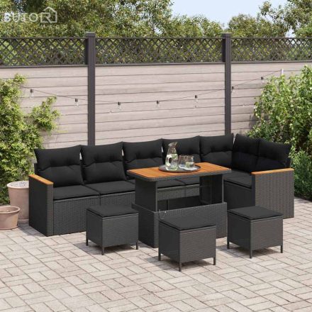 vidaXL Kerti Kanapé Szett párnával 10 pcs Fekete Poli rattan